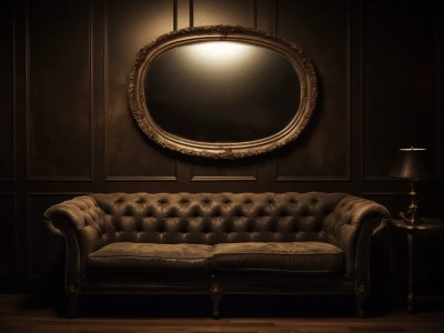 Dark Ovoid Room With A White Leather Sofa And Mirror