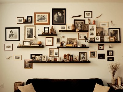 Dark Shelves With Framed Pictures