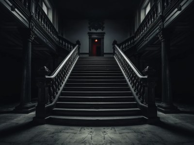 Dark Staircase With Red Door And Stairs