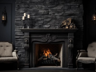 Dark Stone Fireplace With Two Chairs On It