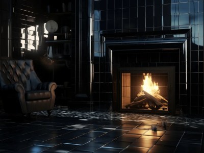 Dark Tiled Living Room With A Brick Fireplace