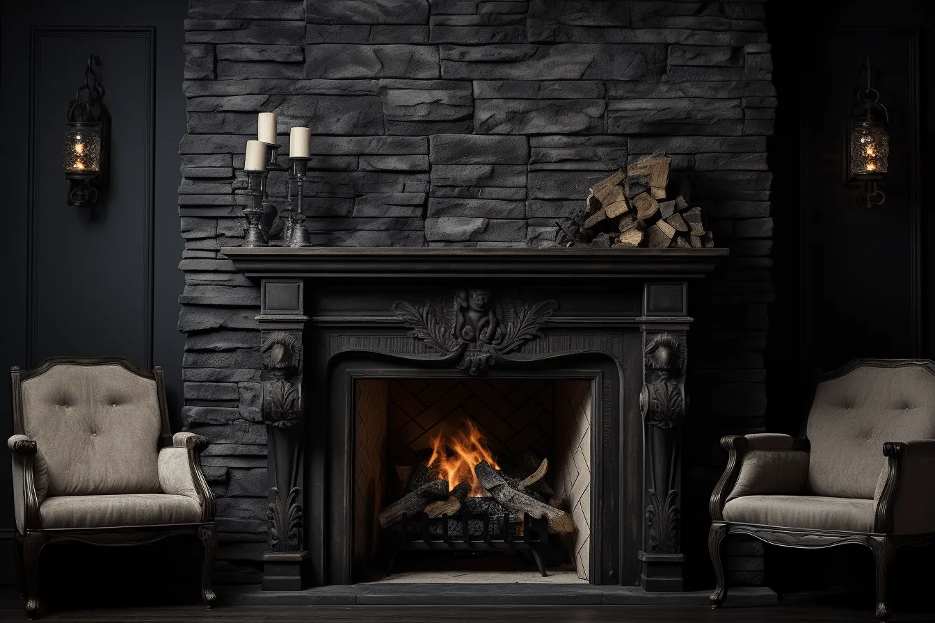 Black fireplace next to a set of chairs, dark and spooky themes, accurate and detailed, weathercore, manapunk, stone, dark, foreboding colors, carving