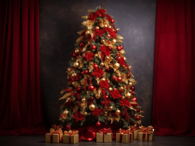 Decorated Christmas Tree On A Dark Background With Red And Gold Gifts