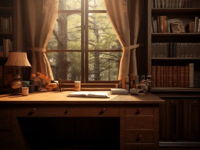 Desk In Front Of A Tree With A Glass Window