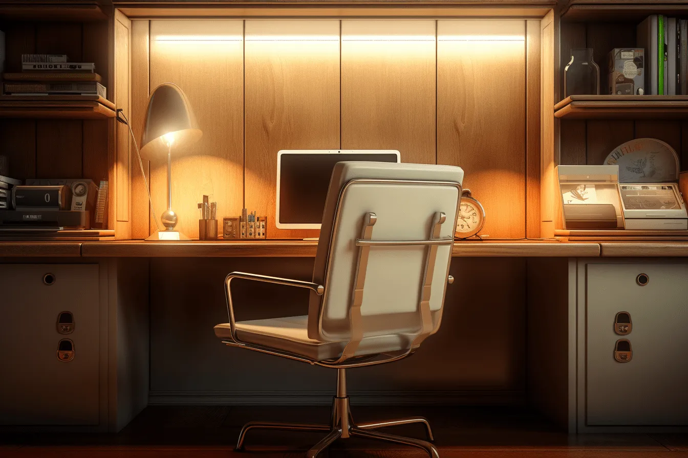 Wood cabinets in the office, hyper-realistic sci-fi, rim light, flickering light, studyplace, realistic still-lifes, 32k uhd, golden light