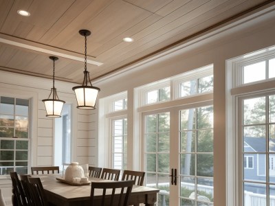 Dining Room Is In A White Building, With A Table And Wood Ceiling