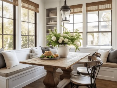 Dining Room With A Large Window And Wooden Bench