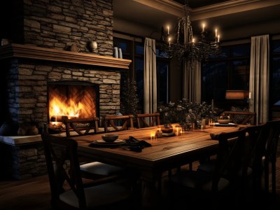 Dining Room With Candlelight And A Fireplace