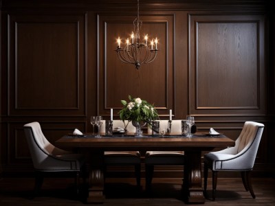 Dining Room With Dark Wooden Panels And A Chandelier