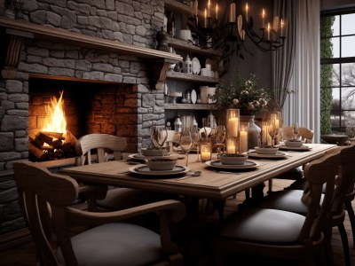 Dining Table Is Set With A Fireplace And Candles