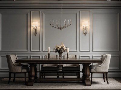 Dinning Room Design In A Traditional House With Wooden Paneling And Chandelier