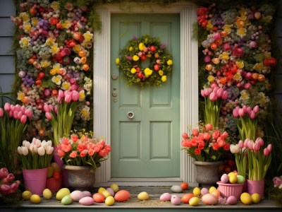 Easter House In Front Of A Door With Floral Decorations On