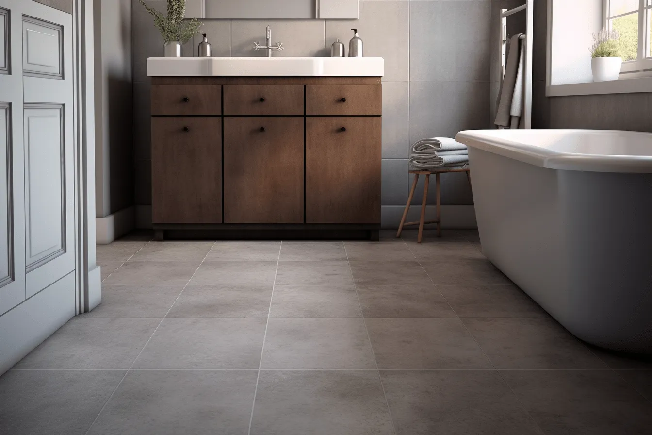 Easy care grey tiled bathroom in a contemporary home, subtle color gradations, wetcore, porcelain, uhd image, softly blended hues