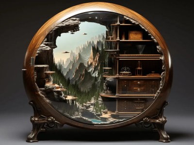 Egg Shaped Cabinet With A View Of Lakes And Mountains In It