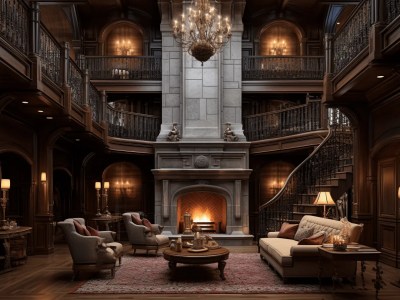 Elaborate Hotel Room With Fireplace And Staircase