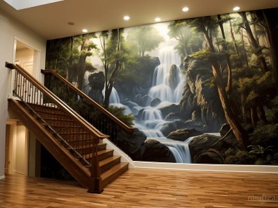 Elaborate Mural Of A Waterfall Painting Over A Staircase In A Home