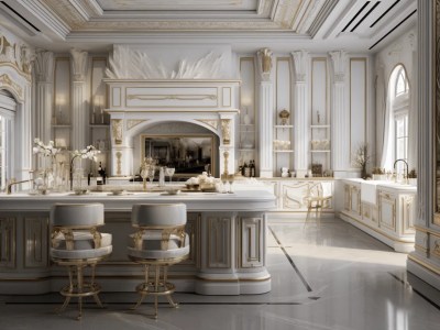 Elegant 3D Rendered White And Gold Kitchen