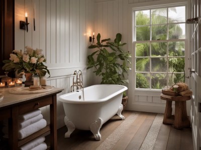 Elegant Bathroom With A Large Tub, And Plants