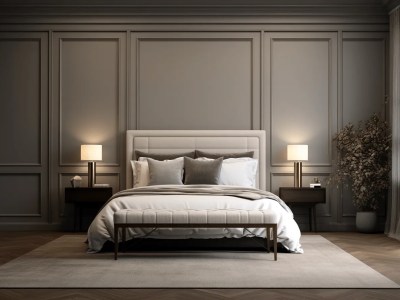 Elegant Bedroom Has Grey Walls And A Bed With Linens