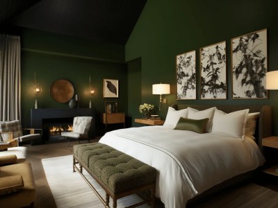 Elegant Bedroom With A Fireplace And Green Walls