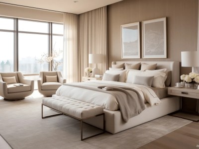 Elegant Bedroom With Large Windows And Beige Furniture