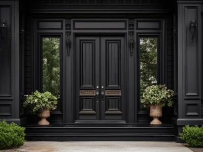 Elegant Black Door And Steps With Potted Plants On Them