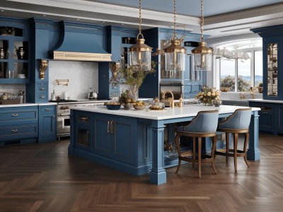 Elegant Blue Kitchen With An Island And Golden Metal Details