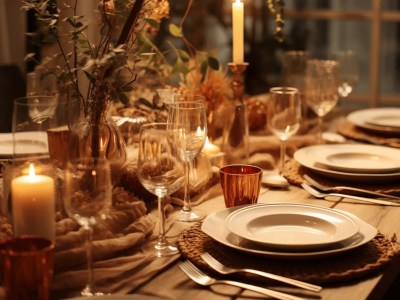 Elegant Dinner Setting With Glasses And Plates Decorating It With Candles