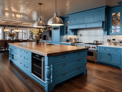 Elegant Kitchen In A Blue Color With Dark Wood