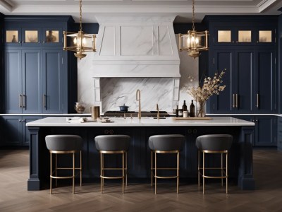 Elegant Kitchen With Blue Cabinets, Gold Accents And Gold Stools