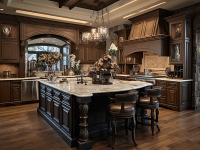 Elegant Kitchen With Dark Brown Cabinets, Marble Counter Tops And An Awesome Chandelier