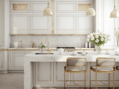 Elegant Kitchen With Gold Accents And White Wooden Cabinets