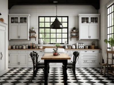 Elegant Kitchen With White And Black Tiled Floor