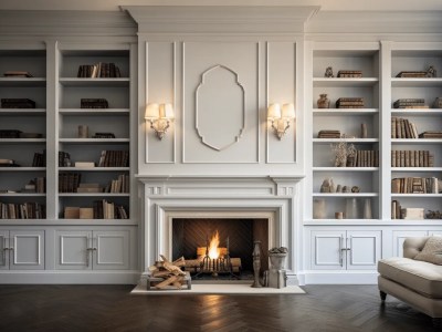 Elegant Living Room Has A Large Fireplace And Bookshelf With A Fire Place