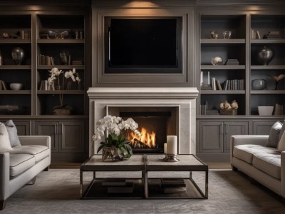 Elegant Living Room With A Fireplace And Gray Bookshelves