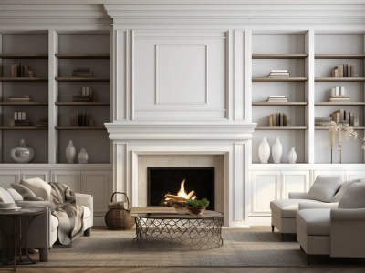 Elegant Living Room With A Fireplace And Shelving