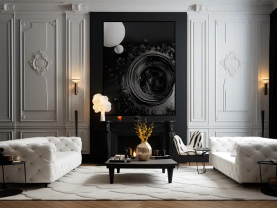 Elegant Living Room With Black And White Details And Large Wall Paintings