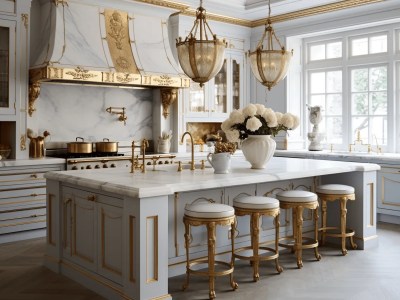 Elegant Looking Kitchen With Gold And White Marble