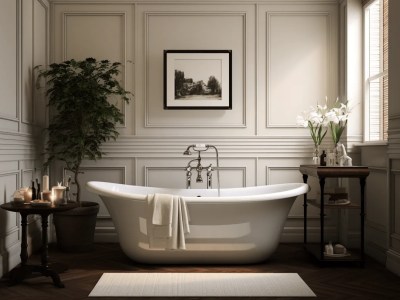 Elegant Tub Sits In Front Of A Bathroom With Wood Trim