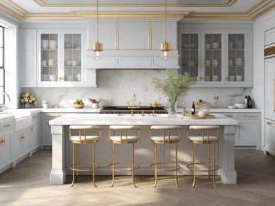 Elegant White And Gold Kitchen With Counter Stools