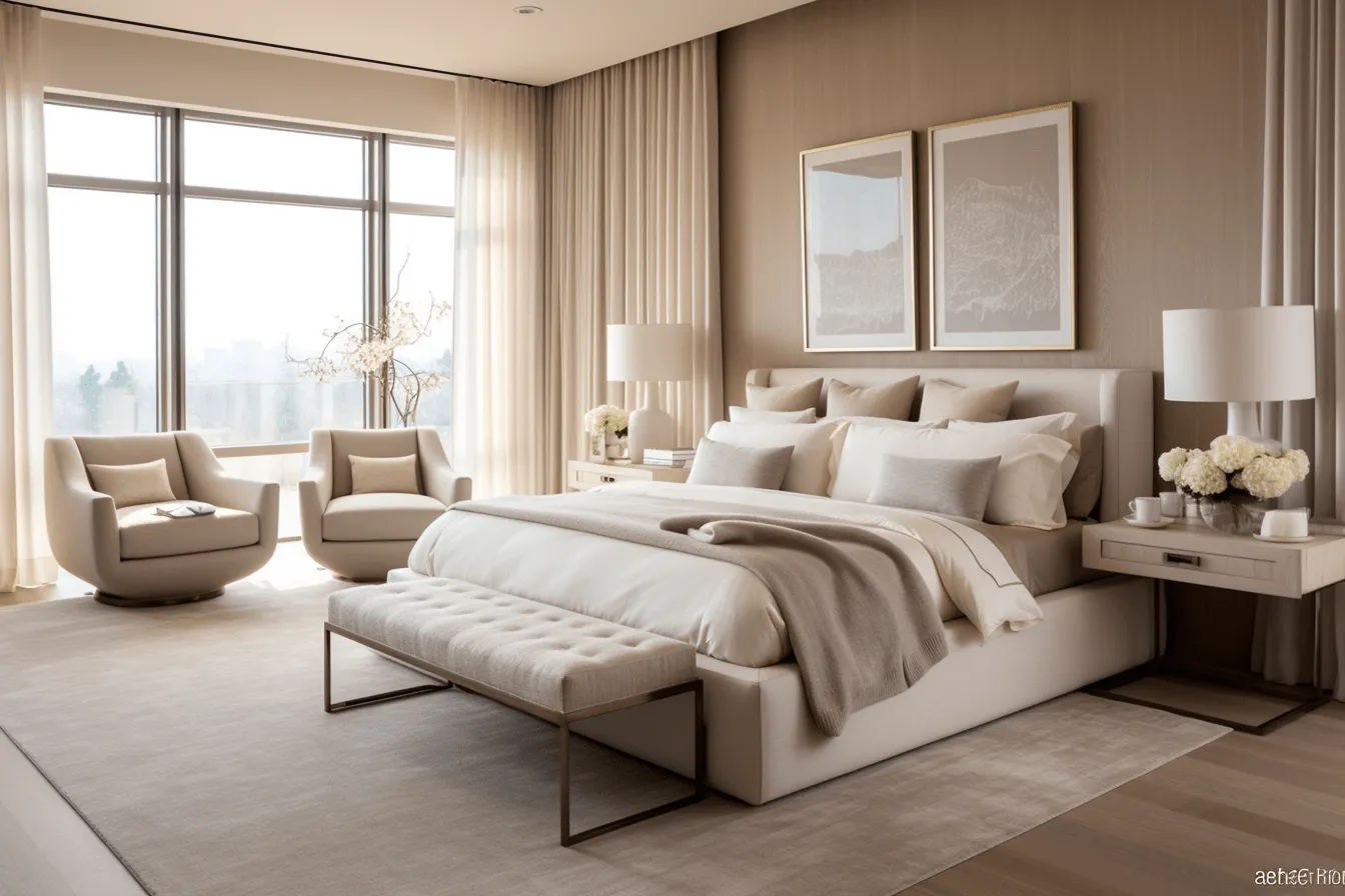 Elegant bedroom with large windows and beige furniture, monochromatic layers, 8k resolution, life in new york city, earthy palette, sensory experience, serene and peaceful ambiance, sculpted