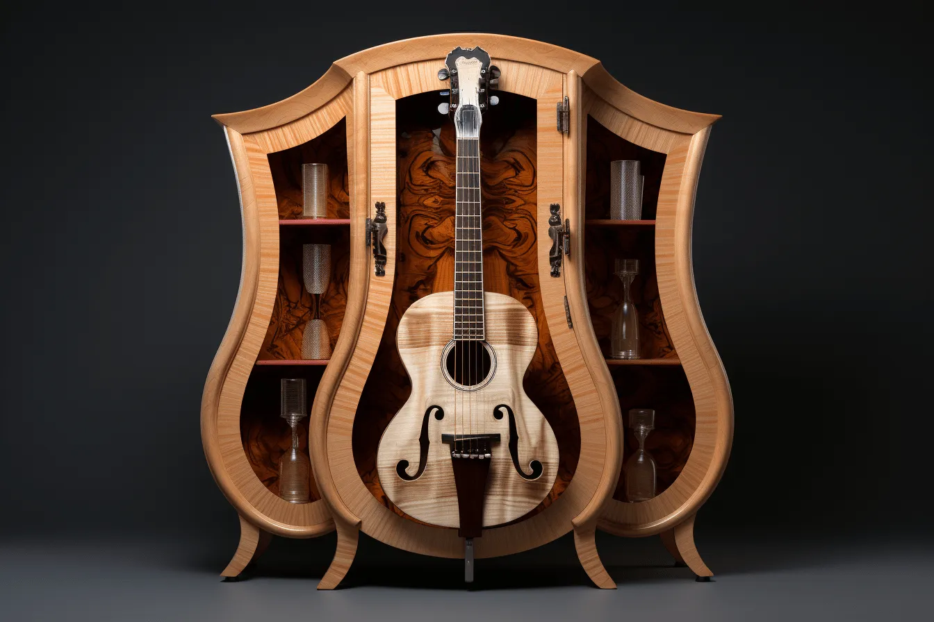 Guitar cabinet  design in your home, absinthe culture, meticulously detailed still life, organic fluidity, bibliopunk, amber, graceful curves, symmetrical