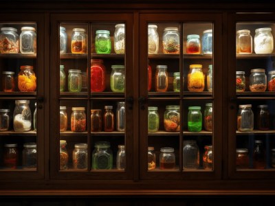 Empty Glass Mason Jar Cabinet With Different Kinds Of Flavors