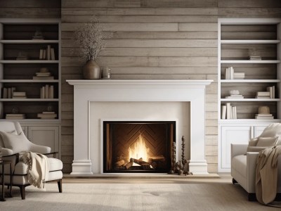 Empty Living Room With A Fireplace And White Bookcases