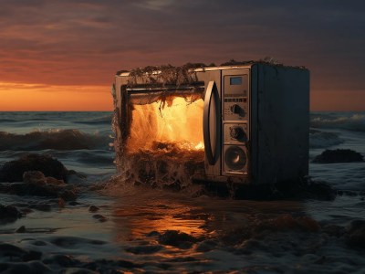 Empty Microwave With A Rotting Burner In The Water