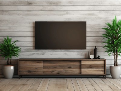 Empty Room With A Wood Tv Stand With Plant In The Center  3D Rendering