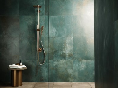 'Enormextra' Is A Green Tile And White Marble Collection From Unilet With A Lustrous Chrome Finish