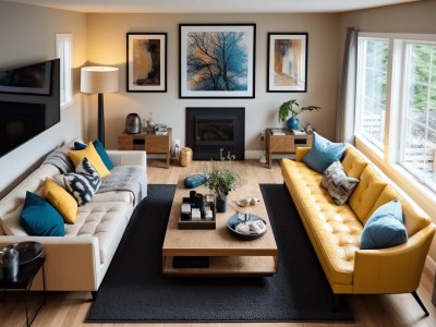 Example Of A Living Room With Yellow And Blue Couches In A Modern Style