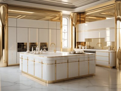 Fancy Kitchen With Gold Appliances In A White And Gold Color