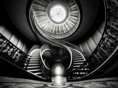 Fancy Spiral Staircase With A Black And White Photo